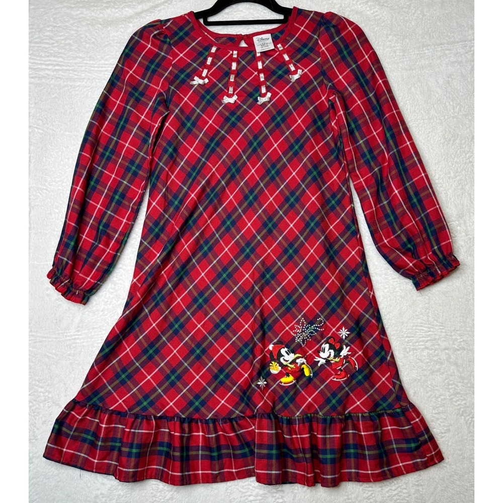 Disney Store Plaid Nightgown Girls 9/10 Red Mickey Minnie Christmas Ruffle